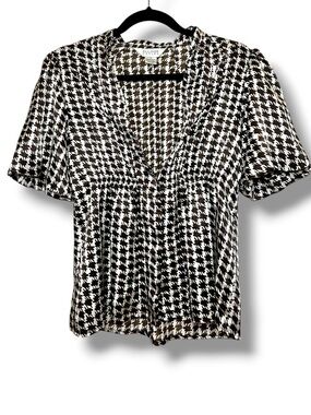 Allison Taylor Brown & White Houndstooth V-Neck Blouse Flowy Button Jacket Top S
